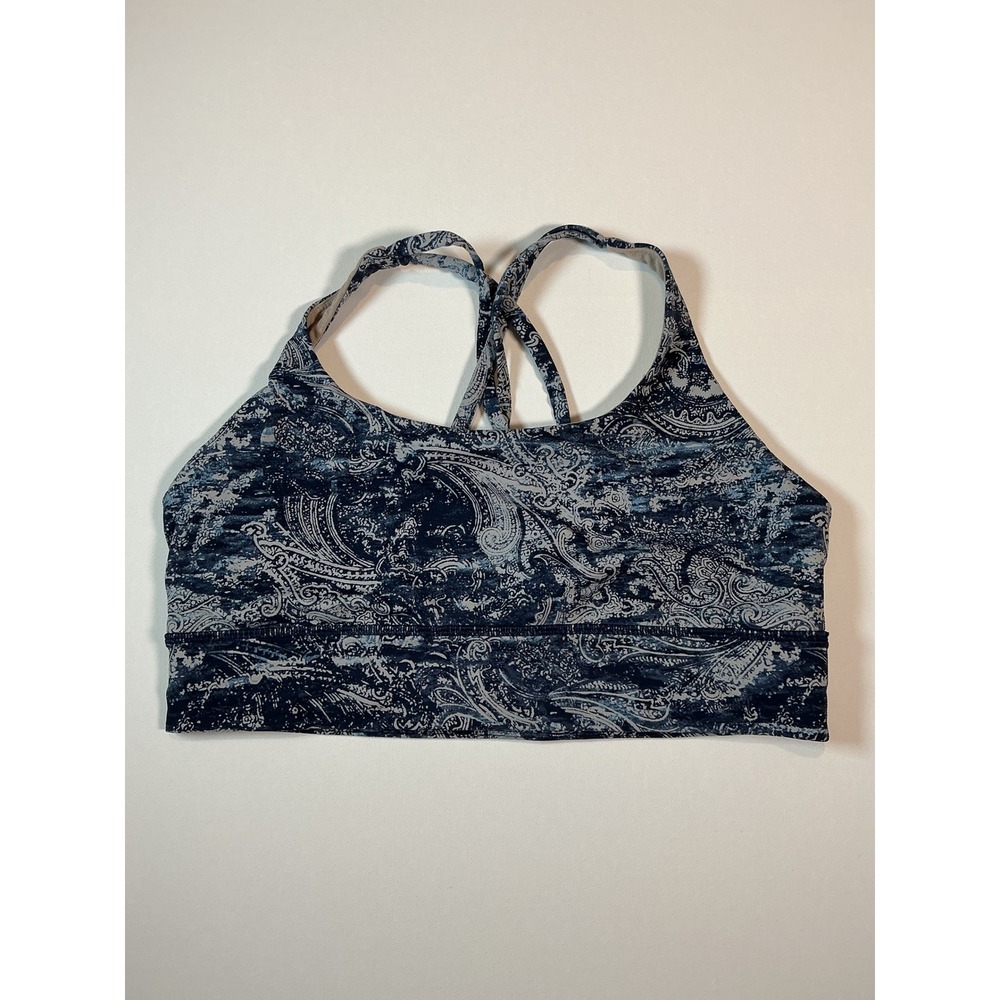 Lululemon Energy Bra Long Line Paisley Navy Gray Strappy Yoga Size 10